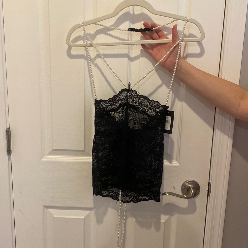 Frederick’s Size L black lace & pearls lingerie